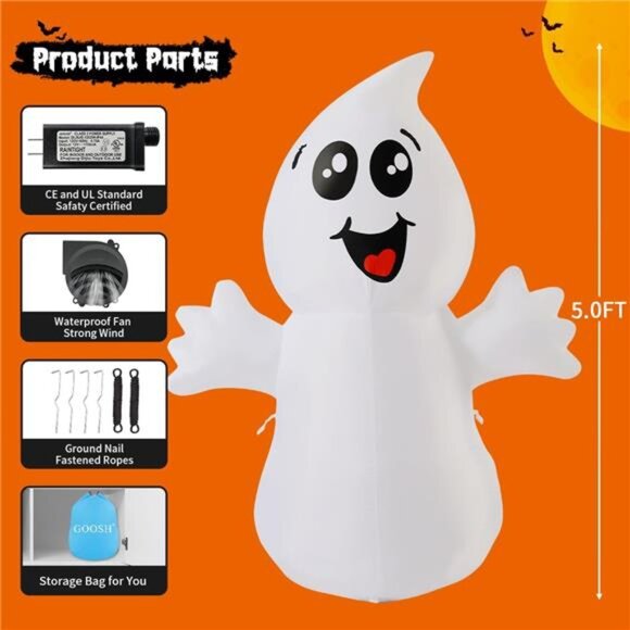 5 FT Halloween Inflatable Ghost Outdoor Decoration with Magic Light, Blow Up - Picture 6 of 7